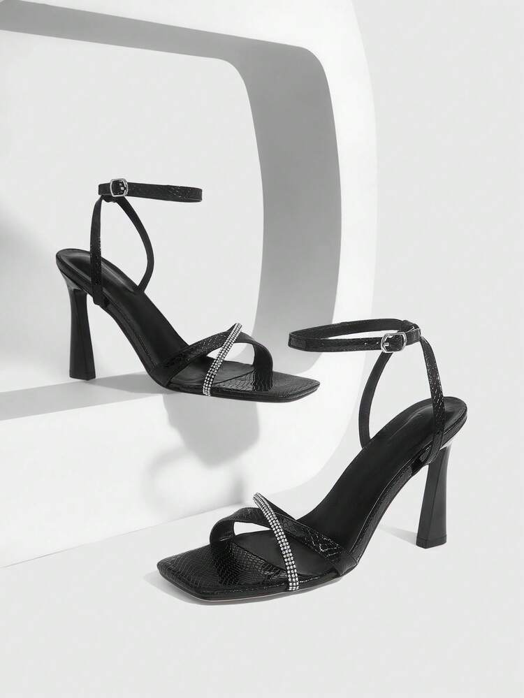 CUCCOO SZL Women Shoes Summer New Square Toe High Heel Black Thin Strip With Rhinestone Belt Ankle Strap Women's High Heel Sandals Simple Fashion Sexy Gorgeous Party Nightclub Women's Sandals Women's Shoes