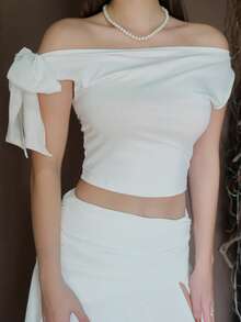 Duda Rubert 女士纯色不对称肩带衬衫 + 不对称下摆高开叉褶皱裙毕业礼服套装 - 白色 - 查看 5