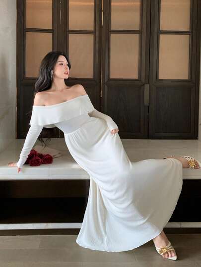 DAZY Women's Solid Color One-Shoulder Ruched Elegant Waist-Cinched Midi Dress, Suitable For Dates And Parties