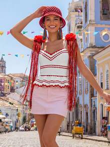 CAJUNI Summer Women Bohemian Style Beach Vacation Red Floral Print Ruffle Hem Spaghetti Strap - Multicolor - View 1