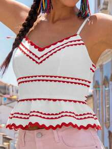 CAJUNI Summer Women Bohemian Style Beach Vacation Red Floral Print Ruffle Hem Spaghetti Strap - Multicolor - View 5