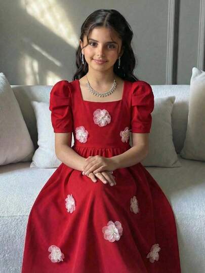 Serisse Kids Tween Girls' Fashionable Elegant Square Neck Short Sleeve Floral Print Dress