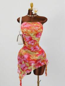 Bonvoyette 3pcs/Set Summer Holiday Beach Random Print & Mesh Print Bandeau Bikini Top, High Cut Bottoms And Bandeau Dress Sexy Women Swimwear Set - Multicolor - View 2