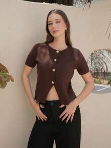 Duda Rubert Cárdigan casual de mujer de manga corta, cuello redondo, con botones delanteros, de unicolor y delgado - Café integral - Ver 6