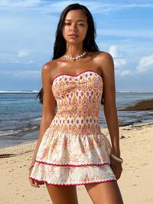 Swim Vcay 波西米亚风印花甜美优雅设计收腰荷叶边下摆无肩带连衣裙 - 彩色 - 查看 4