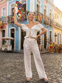 CAJUNI Women's V-Neck Lace Trim Tassel Tie Halter Top & White Triangle Shorts 2 Pieces Vacation Beach Set, Summer - White - View 5