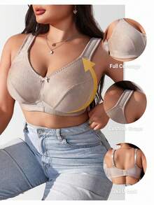 1 pieza Sujetador inalámbrico elegante y cómodo de talla grande para mujer, con decoración de lazo, de tela jacquard suave y ajustable - Albaricoque - Ver 1