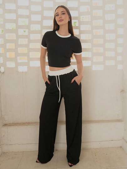 Duda Rubert Bộ đồ hai mảnh cổ tròn tay ngắn phối màu gợi cảm mùa hè cho nữ kèm thắt lưng cạp cao quần dài