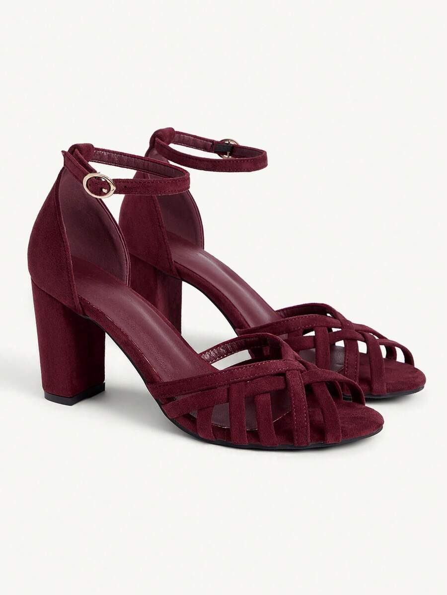 CUCCOO CHICEST 女士鞋履春夏新款镂空编织露趾圆头粗跟后跟带扣包8.5厘米女士高跟凉鞋绒面革纯色优雅百搭日常约会女鞋 - 酒紅色 - 查看 1