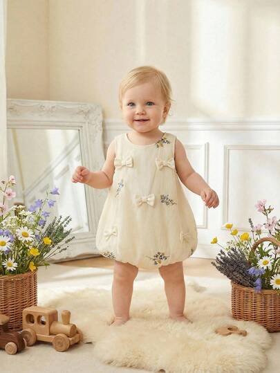 Souflis Souflis 法式新款女童夏季韩版休闲可爱精致刺绣圆领3D蝴蝶结刺绣花朵杏色连衣裙