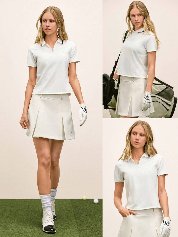 Piqué Polo Smooth Cooling Hip Length Slim Fit Two-Tone Design Front Logo Knit Flat Collar Cuffs Quarter-Zip Polo Shirt Tennis Golf Pickleball Daily Casual Wear