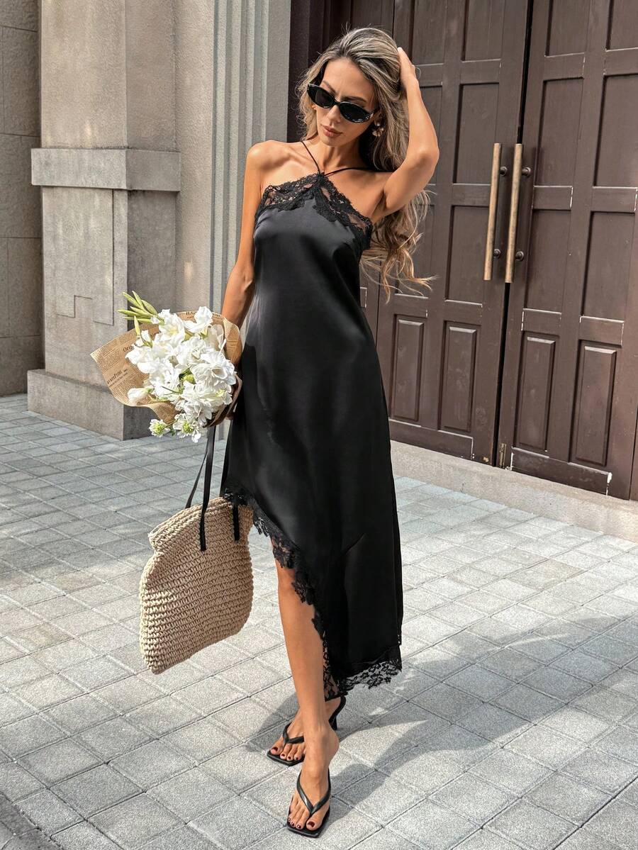 Pariaura Asymmetrical Lace Trim Satin Feeling Halter Neck Dress - Black - View 1