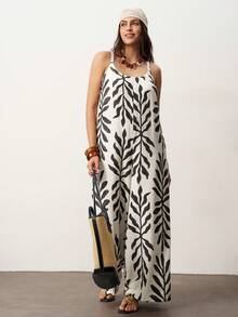 Enliva Plus Size Women's Wide-Leg Jumpsuit,Tropical Plant Leaf Print Sleeveless Boho Summer Vacation Holiday Beige Jumpsuit For Apple And Rounded - Apricot - View 4