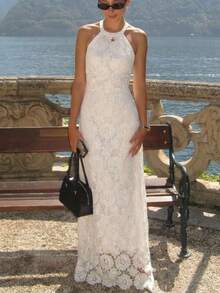 Aloruh Đầm ren hoa thanh lịch cổ yếm dành cho nữ, thích hợp cho mùa hè. - trắng - Xem 2