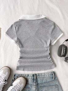 SHEIN 少女撞色蝴蝶结印花短袖V领撞色领休闲T恤 - 淺灰色 - 查看 2