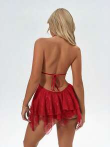 Amplova 深V领露背蕾丝拼接不对称下摆甜美别致少女迷你连衣裙 - 紅色 - 查看 2