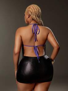 Maweii 加大码女士紫色纯色亮片网纱流苏吊带系带性感休闲夏季吊带衫 - 紫色 - 查看 2