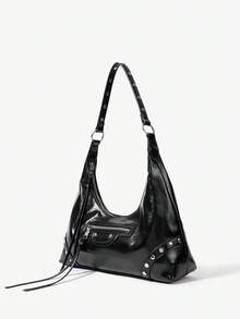 Viva Strut Ladies, Women Shoulder Bag, Hobo Bag, Fashionable, Personalized, Simple, Versatile, Street, Sweet And Cool Girls, Hot Girls,Y2k, Rivet, Motorcycle Style - Black - View 3