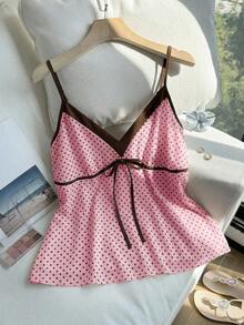 Comfortcana Áo hai dây cỡ lớn chấm bi phối màu tương phản, thắt nơ phía trước, kiểu dáng giản dị, dễ thương, thích hợp cho mùa xuân/hè. - Hồng - Xem 5