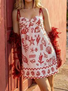 CAJUNI 度假休闲夏季热带趣味海洋元素贝壳印花细肩带系带短款连衣裙 - 紅白色 - 查看 5