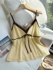 Comfortcana Plus Size Polka Dot Contrast Color Patchwork Front Tie Bow Casual Cute Camisole, Spring/Summer - Yellow - View 5