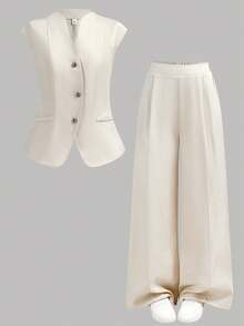 少女优雅金属扣装饰短袖西装衬衫和阔腿裤通勤套装，通勤装，圆领上衣和直筒裤套装，亚麻套装，女童裤装衬衫套装，青少年阔腿裤和上衣两件套裤装，女童裤装两件套，优雅裤装，女士裤装背心套装 - 杏色 - 查看 2