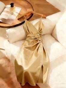 Franclia 女士奢华金色吊带裙，适合派对穿着 - 香檳色 - 查看 3