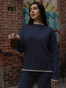 Andrea Bello 2件套女士撞色针织毛衣和裤子套装 - 藏蓝色 - 查看 5