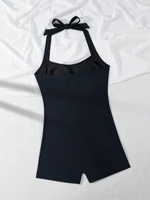 Swim SPRTY 女士黑色连体泳衣，带收腹功能、挂脖式和短裤设计，适合海滩度假 - 黑色 - 查看 6