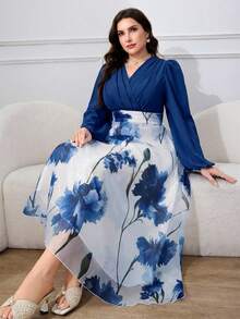 Vestido de talla grande para mujer 2026 de nuevo estilo elegante con estampado floral, mangas de farol y cintura ceñida, estilo resort - Azul - Ver 4