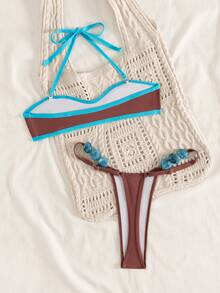 Swim SXY 女士撞色滚边挂脖可拆卸肩带丁字裤比基尼套装，性感两件式泳装 - 彩色 - 查看 4