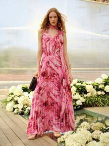 MOTF PREMIUM ROCHIE ROMANTICĂ CU DECOLARE ÎN V ȘI VOLANELE, PLISATĂ, POTRIVITĂ PENTRU ÎNTÂLNIRI DE PRIMĂVARĂ/VARĂ - Roz - Vizualizare 6