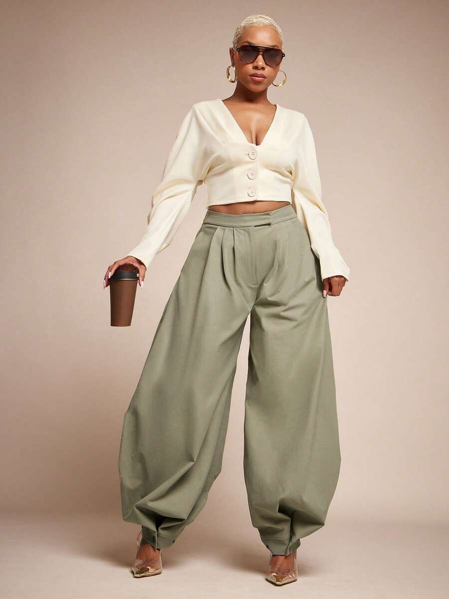 Vixey Cuffed Hem Pleated High Waist Baggy Harem Office Pants - Army Green - View 1
