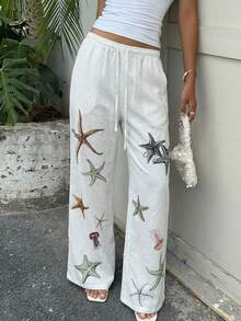 Muchica 白色梭织女式印花阔腿裤 - 白色 - 查看 4