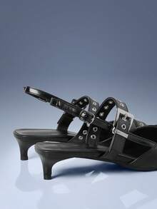 CUCCOO GRLICON 酒红色漆皮尖头金属双扣猫耳女式高跟鞋 - 黑色 - 查看 4