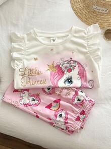 THE HAPPY LOOK 2pcs/Set Young Girl Cartoon Pattern Knit Soft Round Neck Ruffle Sleeveless Top And Elastic Waist Pants - Multicolor - View 7