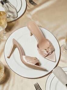 女士高跟凉鞋，蝴蝶结透明网眼透气细跟简约黑色一脚蹬穆勒鞋 - 香檳色 - 查看 8