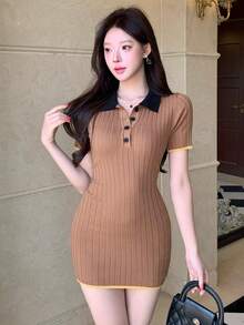 DAZY Spring & Summer Contrast Color Splicing Collegiate Style Back To School Valentine's Day Fitted Mini Elegant Knit Dress - Camel - View 5