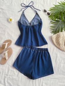 Soleia Women's Knotted Halter Top And Shorts Casual Denim Suit, Daily Wear - Blue - View 2