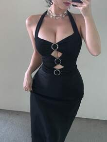 DAZY 女士性感露背无袖亮片镂空短款上衣，适合音乐节、派对、婚礼、春夏穿着 - 黑色 - 查看 2