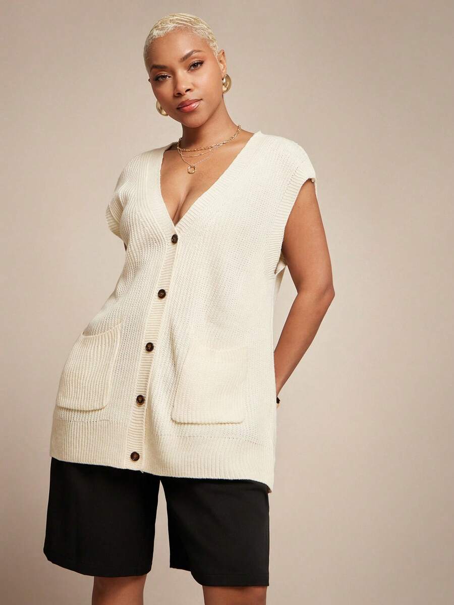 Vixey V领纽扣短袖毛衣背心 - 白色 - 查看 1