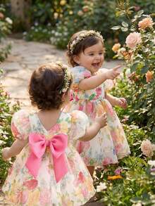 SHEIN 2026新款女童印花连衣裙，时尚高端优雅花瓣袖公主裙 - 粉色 - 查看 3