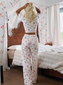 SHEIN Floral Print Contrast Lace Slim Fit Romantic Women Pajama Set - Multicolor - View 2