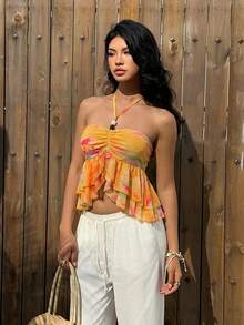 Aloruh Women's Tie-Dye Ruffle Hem Halter Neck Vacation Camisole - Multicolor - View 5