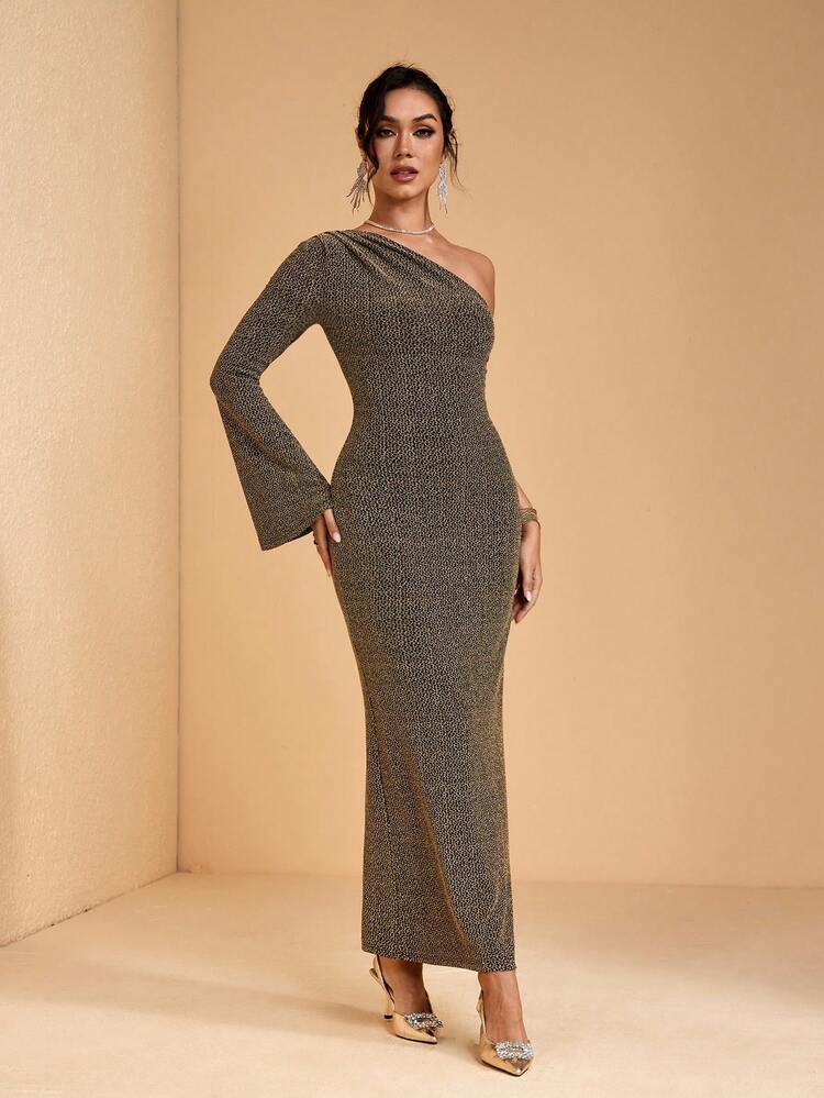 JIAN LASALA Golden Glittery Knit Asymmetric Pleated One-Shoulder Slit Maxi Dress Women Party Elegant Dress - Black and Gold - View 1