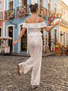 CAJUNI Women's V-Neck Lace Trim Tassel Tie Halter Top & White Triangle Shorts 2 Pieces Vacation Beach Set, Summer - White - View 3