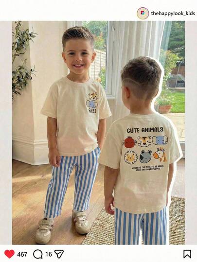 THE HAPPY LOOK 2pcs/Set Young Boy Cartoon Animal Print Soft Knit Crew Neck Long Sleeve Pullover Sweatshirt And Striped Elastic Waist Pants Little Boy Summer Sets Unisex Clothes For Kids Boy Clothes For Kids Party Boys Tshirt Set Cotton Boy Clothes