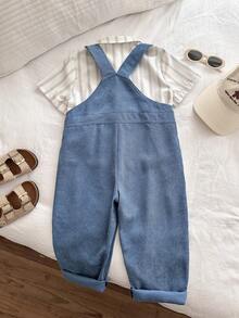 THE HAPPY LOOK 2pcs Young Boy Solid Color Versatile Comfortable Polo Collar Short Sleeve Cardigan Shirt And Bib Overall Pants Set - Blue - View 2