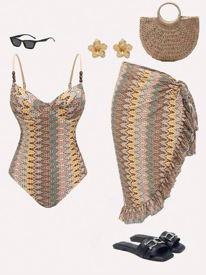 Swim Oasis 26SS Combinaison une-pièce BOHO en tricot avec jupe, anneau en acier, pour la plage et les vacances d'été. Ensemble de tenues de plage pour femmes. Tenues de piscine, tenues de fête de piscine, tenues de club de plage 2026 Nouvelle arrivée de maillots de bain pour femmes. Convient pour l'école, les vacances, les rendez-vous, le thé de l'après-midi, l'Ouest, les croisières, la plage, les îles, les road trips, toutes les saisons, les festivals de musique, les vacances bohèmes, les vacances bohèmes, l'automne décontracté, le style bohème occidental, hauts élégants pour femmes à imprimé floral orange. Tenue de plage pour femmes