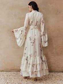 Anewsta Elegant Women's Long Chiffon A-Line Dress With Ruffle Hem And Stand Collar Extra-Long Raglan Sleeves In Apricot Plant Print - Apricot - View 2